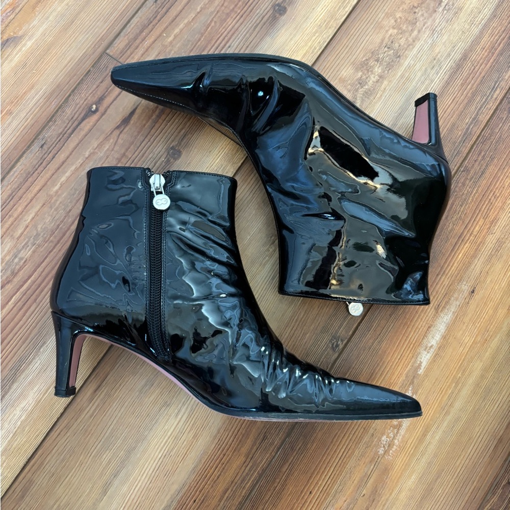 Escada Black Patent Leather Pointy Ankle Boots Booties SIZE 6.5 / 37